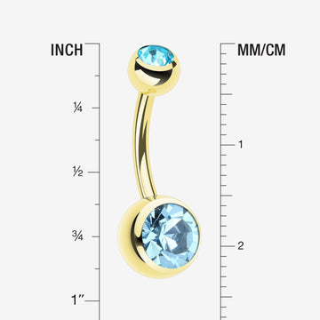 Detail View 1 of Gold PVD Double Gem Ball Steel Belly Button Ring-Aqua